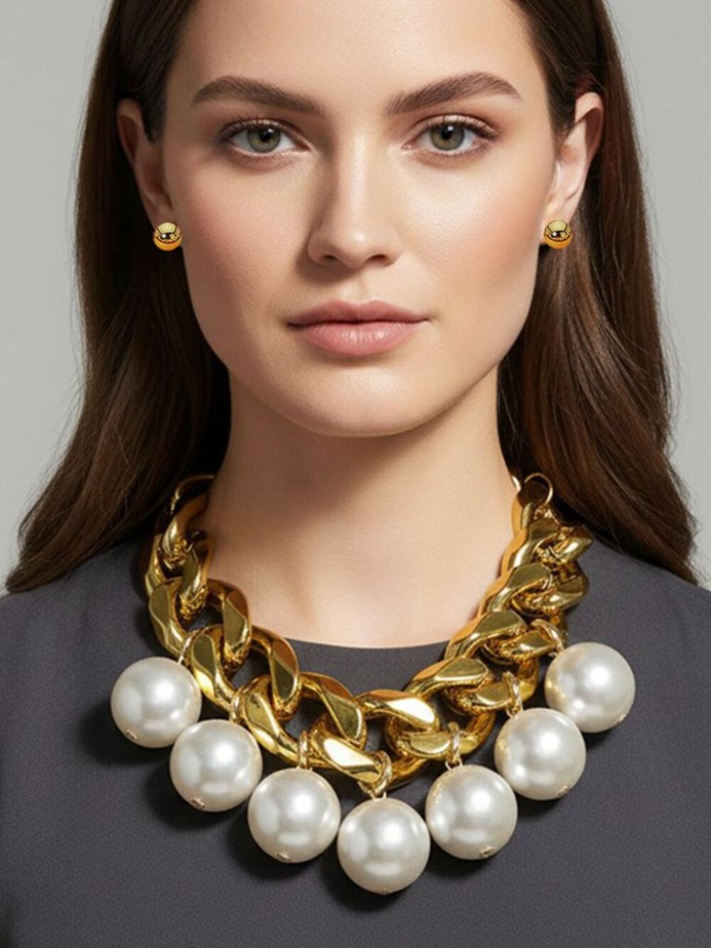 Bold Chunky Pearl Drop Chain Necklace Statement Gold Fashion Jewelry